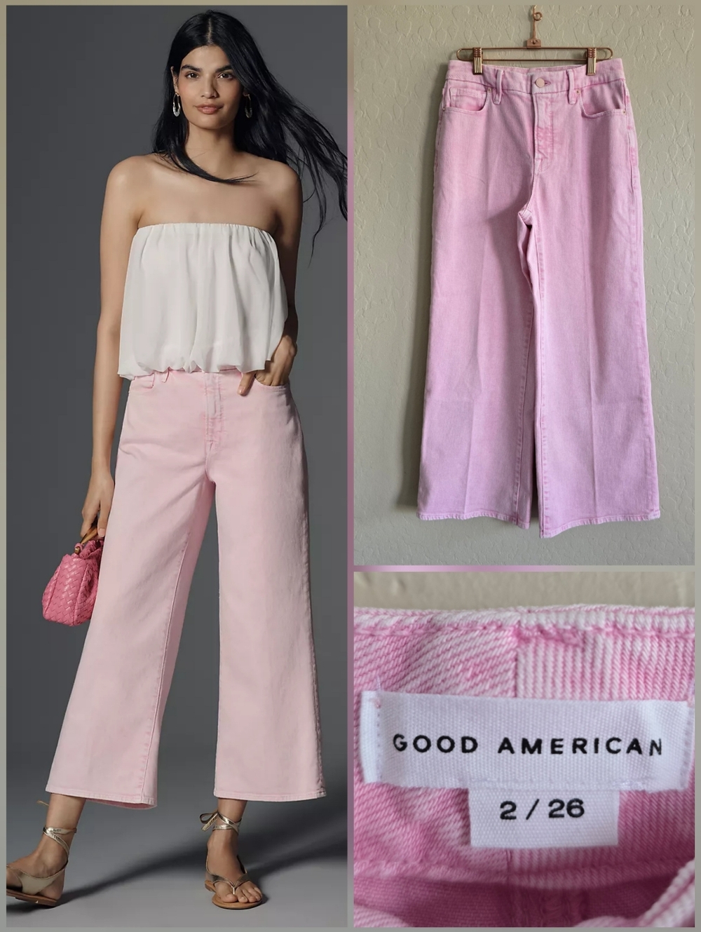 Good American Pink Good Waist Palazzo Crop Jeans Size 2/26